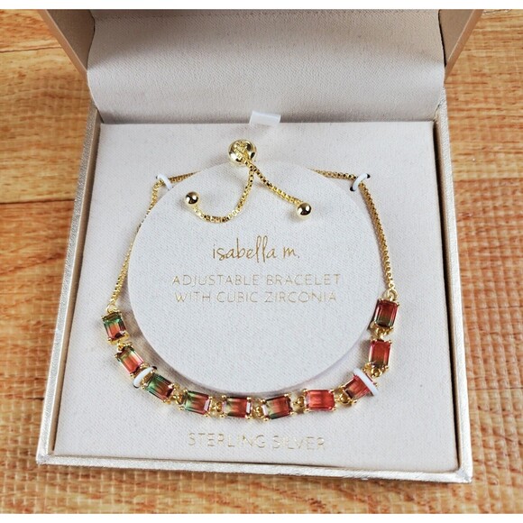 ISABELLA M. Boston .925 SS Gold Tone & CZ Woman’s Adjustable Slide Bracelet NIB - Picture 2 of 5